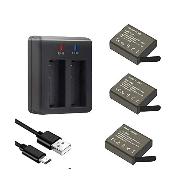 Kit 3 Batterie PG1050 1050mAh Con Doppio Caricabatterie Per Action Cam – Compatibile Con AKASO, Crosstour, Campark E Tante Altre