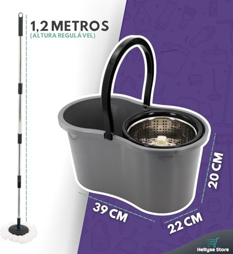 Importado - Mop com Balde Giratório Cesto em Inox, 9 Litros, Esfregão para Limpeza Lava e Seca com 2 Refis de Microfibra