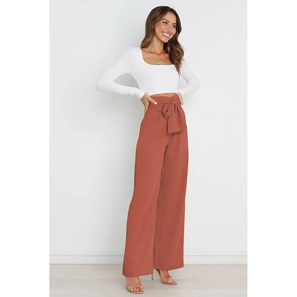 YAZINIE WOMENS HIGH WAIST WIDE LEG PANTS ELASTIC WAISTBAND BELLY CONTROL OFFICE PANTS WITH POCKETS FOR WORK CASUAL RUST RED