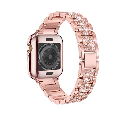 LELONG for Apple Watch Band 38mm 40mm 42mm 44mm Series 5 Series 4 3 2 1 with Case, Bling Replacement Bracelet iWatch Band, Diamond Rhinestone Stainless Steel Metal Wristband Strap