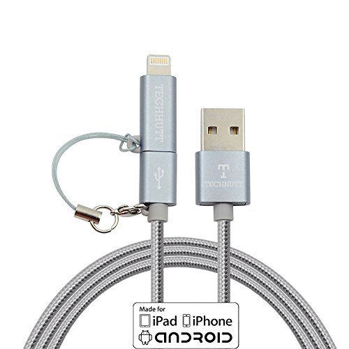 [Apple MFi Certified] 2 in 1 Lightning to Micro USB Cable Nylon Braided Data Sync and Rapid Charge Cable Cord For iPhone 7 7Plus 6 6s 6Plus iPad Pro Air Mini Samsung Galaxy S7 S6 (Silver)