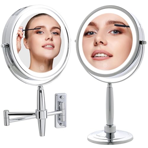 OVENTE 7'' Lighted Makeup Mirror with 1X/8X Magnification, Cordless Multi-Functional Round Vanity Mirror with 360° Swivel Design, Double Sided and Three Toned LED Lights, Polished Chrome MFM70CH1X8X