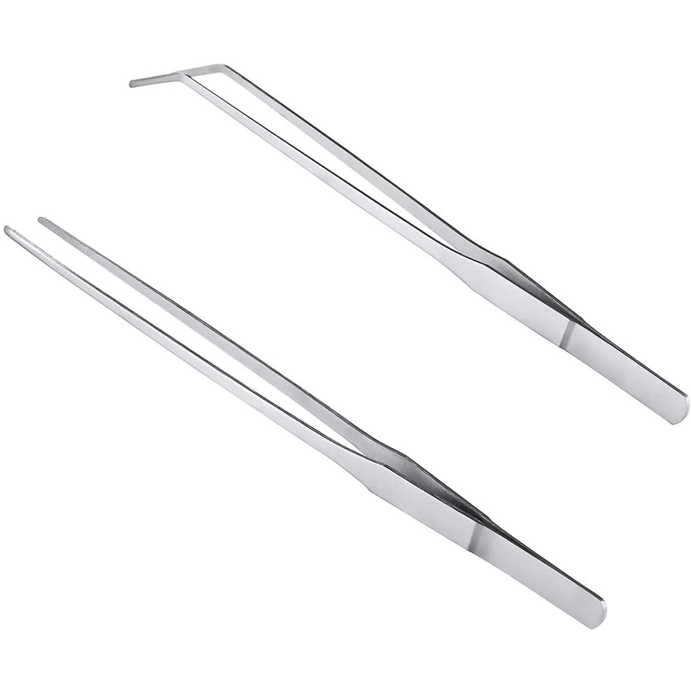 MMOBIEL 2 Pcs Stainless Steel Tweezers/Tong 27cm / 10.6 inch Extra Long Straight/Curved with Precision Serrated Tip for Aqua scaping, Garden Work, Cooking, Industrial Work, Laboratory Use.