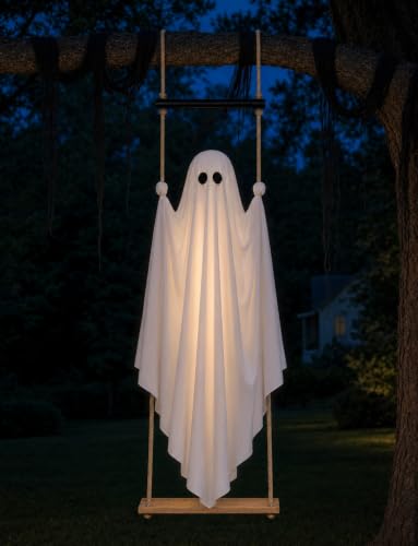Joyehome Halloween Decorations Outdoor 4.6FT Pre-Assembled Hanging Swing Ghost with Remote Lights Spooky Hanging Ghosts for Porch Yard Tree Party