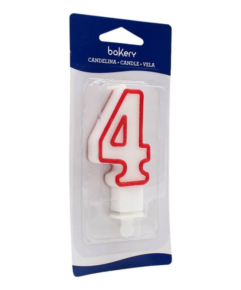 Decora Numeral Candle 4 Border H 7,5 CM, Cera, White/Red, 7.5x4x1 cm