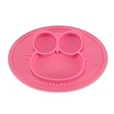 Kirecoo Babies Round Silicone Suction Owl Placemat for Children, Kids, Toddlers,Kitchen Dining Table with Built in Plate and Bowl (Pink)