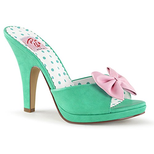 Pin Up Couture SIREN-03 Women 4" Heel 1/2" PF Slide W/ Bow Accent, Teal-Pink Faux, Size -8