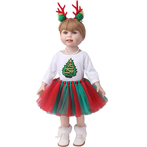 E-TING Dolls Clothes, Headband, Tutu Dress fits for 18 inch Dolls （Christmas Costume Set）