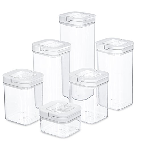 DuraHome FLiPLOCK Airtight Food Storage Containers 6 Piece Set - BPA Free Durable Clear Acrylic Container with Innovative Air Tight Handle Lid for Dry Goods Pantry Organization (Square)