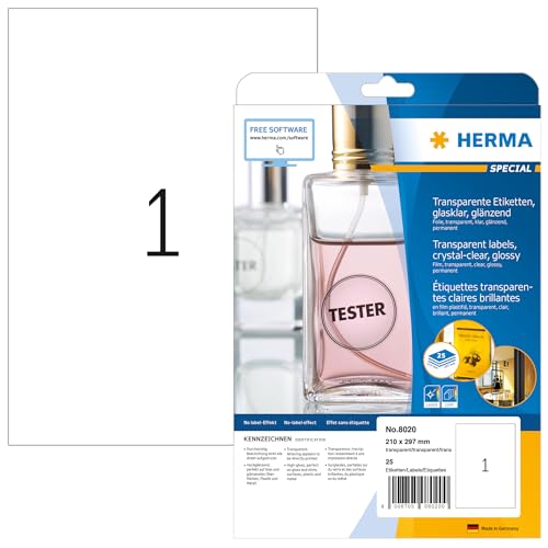 HERMA Self Adhesive Clear Film Labels, 1 Label per A4 Sheet, 800 Sheets, 210 x 297 mm, 800 Labels, Blank Weatherproof Labels Stickers, Sticky Labels for Laser & Inkjet Printer, Transparent