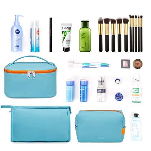 WANDF 3 Pieces Makeup Bag PU Leather Toiletry Bag Portable Cosmetic Pouch Water-resist Travel Organizer for Women (Blue) 7 WANDF 3 Pieces Makeup Bag PU Leather Toiletry Bag Portable Cosmetic Pouch Water-resist Travel Organizer for Women (Blue)