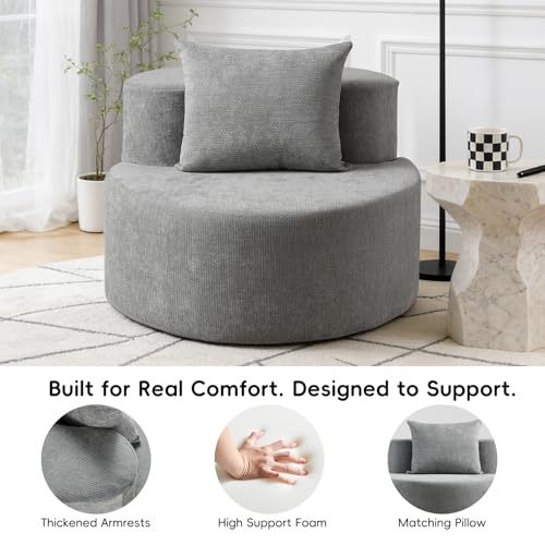 Accent Chair, Round Chaise Lounge Chair with Deep Seat, Modern Chenille Upholstered Lounge Chair, No Assembly Floor Sofa for Living Room Bedroom Apartment, 34.65 Inch Wide, Gray