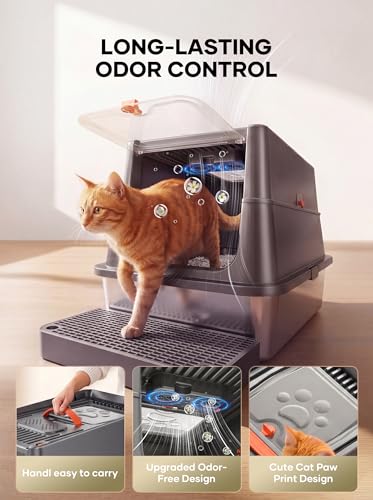 Extra Large Stainless Steel Cat Litter Box with Lid, Enclosed High Sided Metal Litter Pan for Large & Multiple Cats, Dog Proof, Non-Sticky, Anti-Leakage, Easy Clean with Scoop & Step, Dark Grey