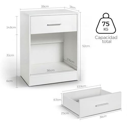 OSLIFE Juego de Buros para Recamara Minimalista,Par de Modernos Mesa de Noche Blanco,Mesa con Cajones,Side Table Pequeño,Estantería Abierta,Armarios Esquineros y Armarios de Almacenamiento(2 Pieza)