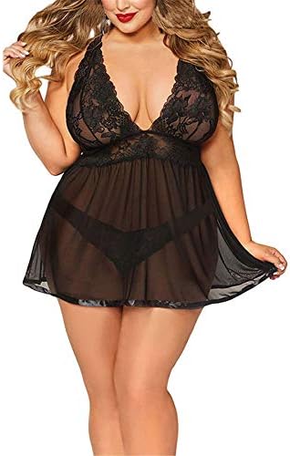 Kelry Fashion Women Plus Size Sexy Lingerie Mesh Perspective Sleepwear Lace Deep V Babydoll Underwear