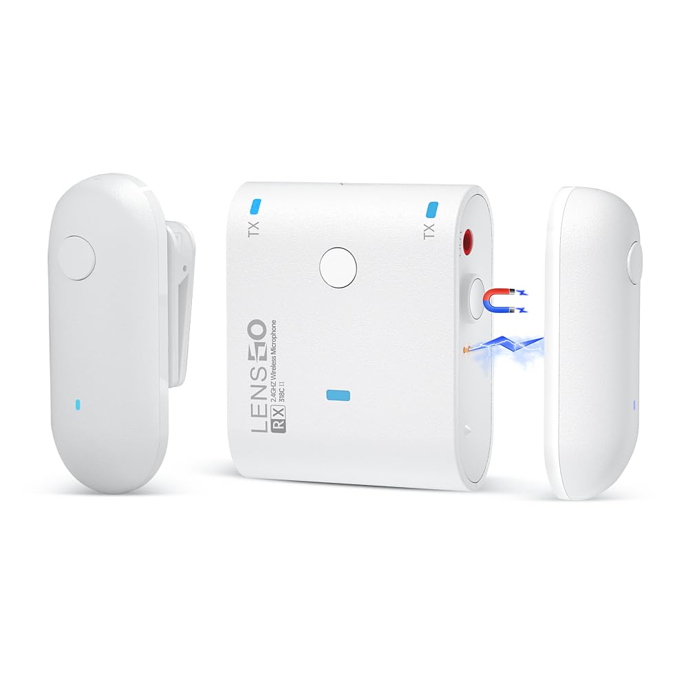 LENSGO 2.4GHz dual Clip on Wireless Lavalier Microphone for Canon Nikon Sony DSLR Camera Camcorder Android Rechargeable Lapel Mic for Video Recording Interview TikTok YouTube Live Streaming-B (White)