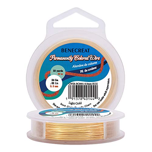 BENECREAT 24 Gauge KC Gold Copper Wire Real Gold Plated Craft Jewelry Wire Tarnish Resistant Beading Wire for Jewelry DIY Making, Wrapping, Gardening, 33 Feet