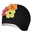 Floral Swim Cap, Retro Style, Black with Contrast Flower Petals by AquaPro