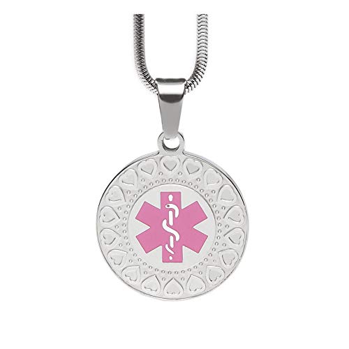 Round Medical Alert ID Necklace Stainless Steel 18 Heart Symbols Dog Tag for Women Girls Free Engraving