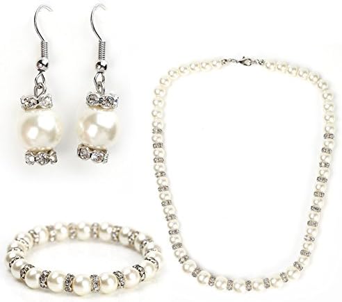 Classic Faux Pearl Set - Graduated Necklace, Drop Earrings and Coordinating Bracelet with Swarovski Style Crystals