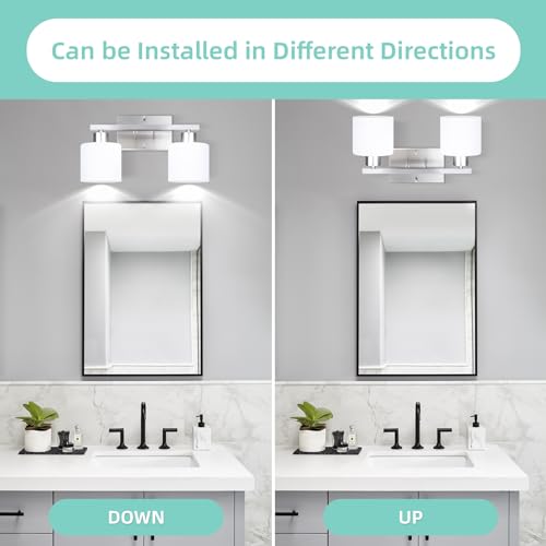 SILAMPDI Bathroom Light Fixtures Silvery, Vanity Lights for Bathroom 2-Light, Wall Sconces Lamp for Bedroom, Hallway, Milky White Glass Shades, E26 Base 60W MAX, Bulbs Not Included