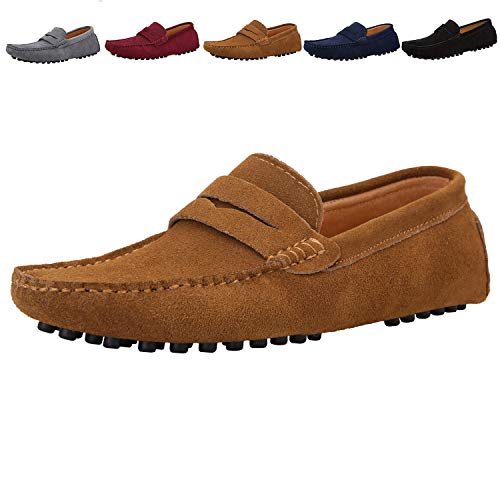JIONS Men's Driving Penny Loafers Suede Driver Moccasins Slip On Flats Casual Dress Boat Shoes Khaki 10.5 D(M) US/EU 45