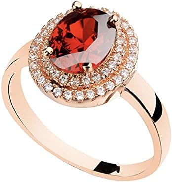 Rose Gold Plated Oval Shaped Gem Style Ring with Ruby Red Swarovski element Crystal and Clear Round Shaped Cubic Zirconia Fashion Jewelry for Women