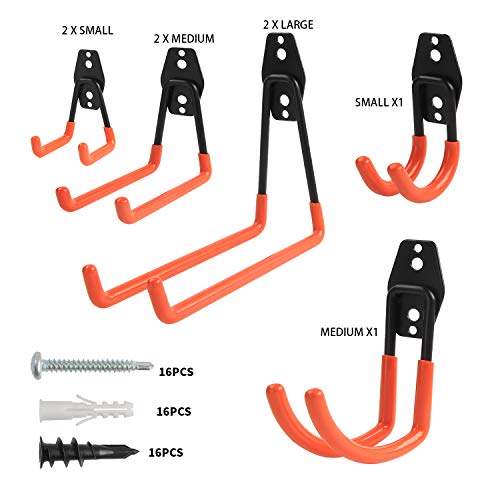 URLWALL Garage Hooks, Heavy Duty Garage Storage Hooks Steel Utility Double Wall Hooks for Organizing Power Tools, Ladders, Bikes, Bulk items, Ropes, 8PCS