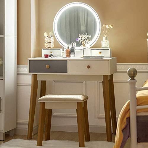 Henf Lighted LED Mirror Vanity Table Set, Makeup Dressing Table with 3 Color Touch Screen Dimming, 4 Sliding Drawers, 1 Cushioned Stool for Women Girls at Bedroom, Living Room (Light-1)