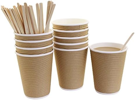 50 Disposable Brown Insulated Ripple Paper Coffee Cups Hot, 12 Ounce, with 50 Wood Stirrers Coffee Stir Sticks