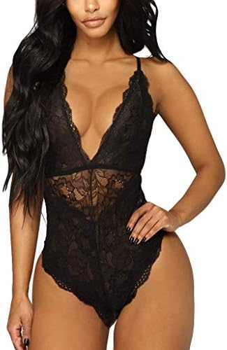 Emubody Fashion Women Lingerie Lace Teddy One Piece Mesh Bodysuit Babydoll Underwear