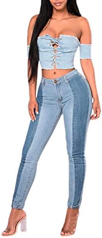 FIRERO Women Casual Button ZipperDenim Patchwork Fly Straight Pencil Jeans Pants