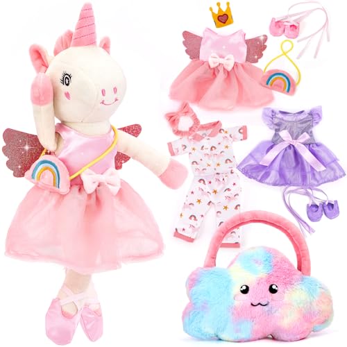 hahaland Peluches Unicornios para Niñas 3-8 años, Dress-up Muñecas Trapo con 3 Set de Ropa & Bolsa, Juguetes Precioso Regalos Niña 3 4 5 6 años