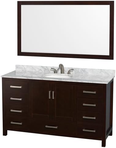 Wyndham Collection Sheffield 60 inch Single Bathroom Vanity in Espresso, White Carrera Marble Countertop, Undermount Oval Sink, and 58 inch Mirror