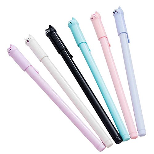 CHUANGLI 6PCS Gel Pens Kawaii Cute Cat Pen 0.5mm Ball Point Black Gel Ink for School Office Supplies