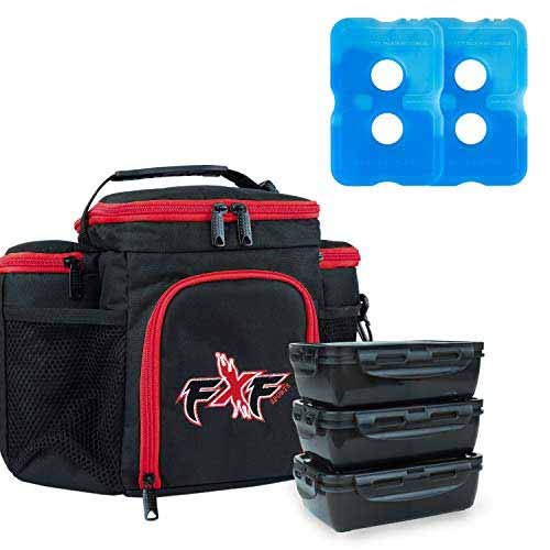 Meal Prep Bag - Insulated Lunch Box w/ 3 Portion Control Containers Black/Red
