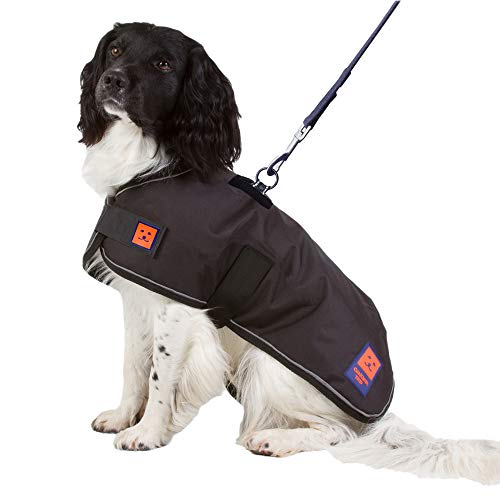 Ginger Ted Waterproof Harness Dog Coat size 18"/46cm Black - warm fleecy lining, shoulder harness slot hole, reflective piping, quick fastening, jacket raincoat style