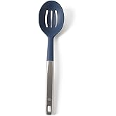 Calphalon Prime Slotted Spoon Skimmer, Stainless Steel Slotted Spoon, Straining Spoon with Navy Silicone Head, Heat-Resistant Nonstick-Safe Kitchen Tool