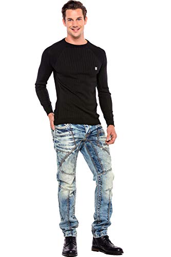 Cipo-Baxx-Herren-Strickpullover-Rippenstrickpulli-Rundhalsausschnitt-Sweatshirt-Raglanaermel-Slim-Body-Fit