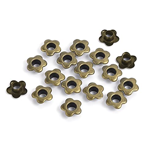 200Pack Flower Eyelet Grommets, 5mm Metal Eyelets for Fabric Clothing, Shoe Eyelets, Belt, Bags, Bookmarks, Paper, Scrapbooking, Card Making and Other Leather Crafts (Antique Brass)