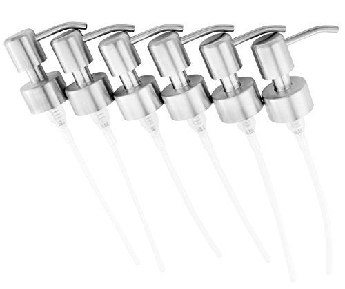 Stainless Steel Pump Dispenser Replacement Tops (6 pack); Silver-Colored Brushed Metal Soap/Lotion Pumps Fit Standard 8oz / 16oz Boston Round 28/400 Neck Bottles