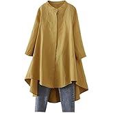 Minibee Women's Cotton Linen Shirt High Low Button Down Embroidered Blouse Long Sleeve Tunic Tops