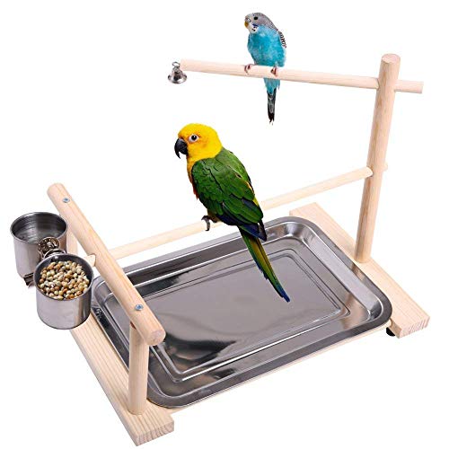 Hypeety Parrots Playstand Bird Playground Wood Perch Gym Stand Playpen Bird Ladders Exercise Playgym with Feeder Cups for Cockatoo Parakeet Cage Accessories Training Toy (Bird Stand)