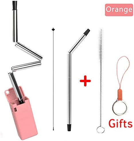 Collapsible Straws,Reusable Stainless Steel Folding Drinking Straw,Foldable Straws Keychain with Two Cleaning Brushes Perfect for Travel Outdoor Household with Keychain Gifts(Orange)