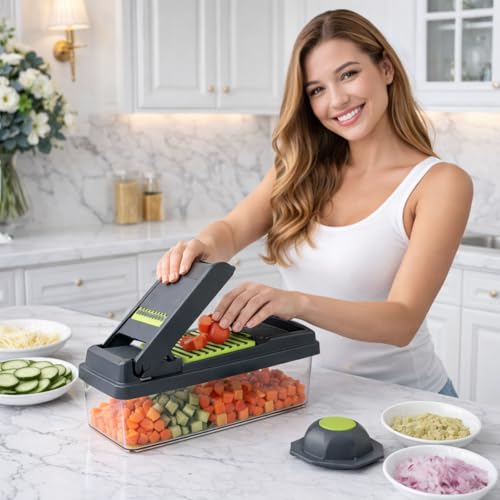 Ralador Multifuncional 16 em 1 Mandoline Profissional Cortador Fatiador de Legumes em Aço Inox com Recipiente Praticidade e Economia de Tempo na Cozinha