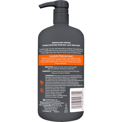Palmer\'s Cocoa Butter Formula Men\'s Face Moisturizer & Body Lotion for Dry Skin, 33.8 oz, 3-in-1 Fast Absorbing Lotion for Men, 48-Hr Hydration with Vitamin E, Soothes Dryness, Dermatologist Approved