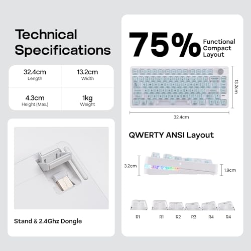 EPOMAKER HE75 V2 Hall Effect Gaming Keyboard, 8K Polling & 0.1ms, 8000mAh & 2.4Ghz/BT, Hot Swap Key & Knob, 0.005mm Adjustable Actuation, Rapid Triggering, Creamy & Thocky (White)