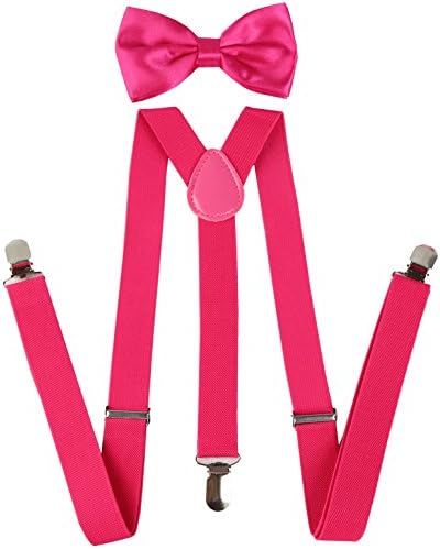 KEYWIN Unisex Solid Color Tuxedo Suspender &amp; Bow Tie Set Elastic Adjustable Strong Clip-on Suspender-Heavy Duty (Hot Pink)