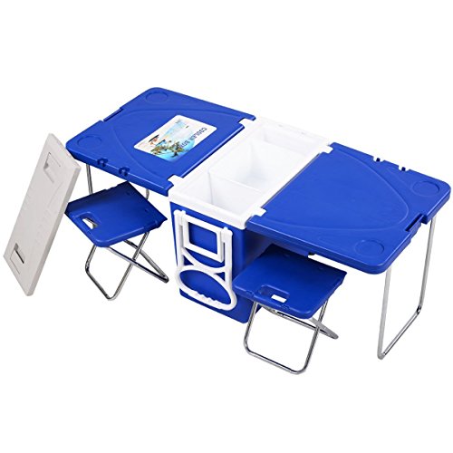 Giantex Multi Function Rolling Cooler Picnic Camping Outdoor w/ Table & 2 Chairs Blue