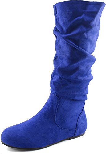 Women's Mid Calf Slouch Faux Suede Comfortable Slip On Round Toe Flat Heel Knee High Boots Fashion Shoes, Blue Seude
